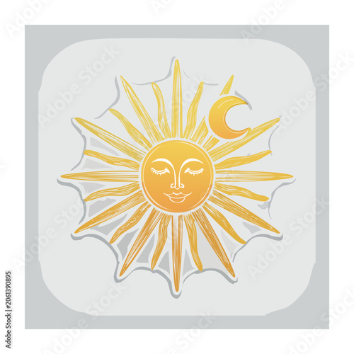 Hand drawn sun with face and crescent moon illustration