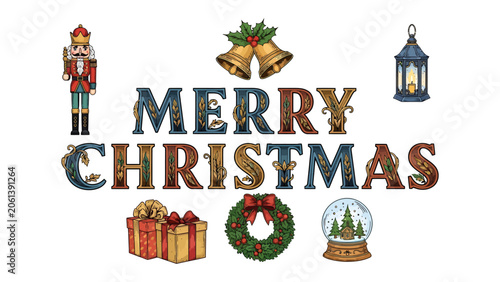 Konstfotografi Merry Christmas Icons: Festive icons of nutcracker, bells, lantern, gift box, wreath, and snow globe accompany ornate lettering for a joyous holiday greeting
