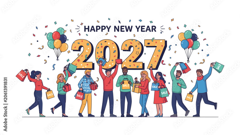 Fototapeta premium New Year's Eve Celebration 2027: A vibrant illustration depicts a diverse group of people joyfully celebrating the arrival of 2027, holding shopping bags and balloons amidst a shower of confetti.