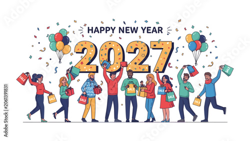 Photography New Year's Eve Celebration 2027: A vibrant illustration depicts a diverse group of people joyfully celebrating the arrival of 2027, holding shopping bags and balloons amidst a shower of confetti