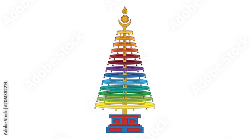 Colorful Buddhist Stupa with Rainbow Rings on White Background