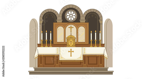 Christian Altar with Cross, Tabernacle, and Candles in Church Interior