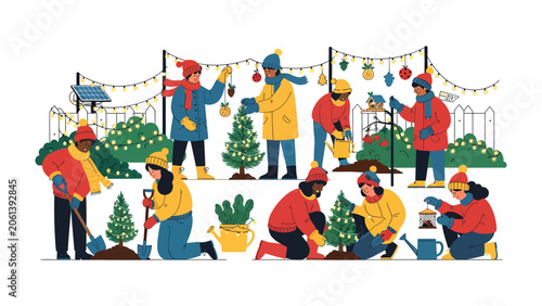 Foto Community Christmas Tree Planting: Diverse people gather to plant and decorate Christmas trees, spreading festive cheer and celebrating the holiday spirit outdoors with string lights and greenery