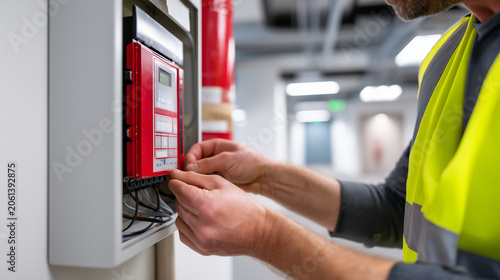 Fire safety technician inspecting and servicing an electrical fire alarm control panel, close-up of worker hands opening a wall-mounted alarm system cabinet, red fire suppression p