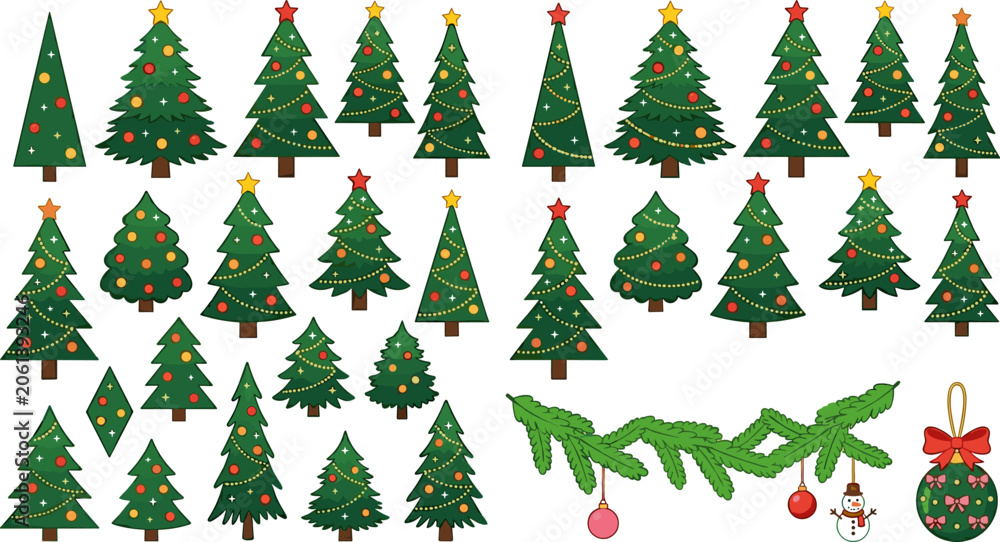 Obraz premium Christmas tree collection with decorated pine trees, garland, ornament balls and stars in cartoon flat style for holiday season design