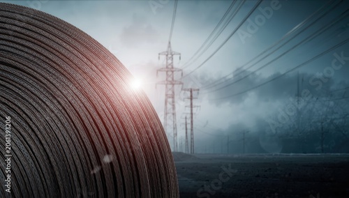 Detailed view of a rolled electric cable spool featuring metal wire, set against an industrial power supply backdrop.