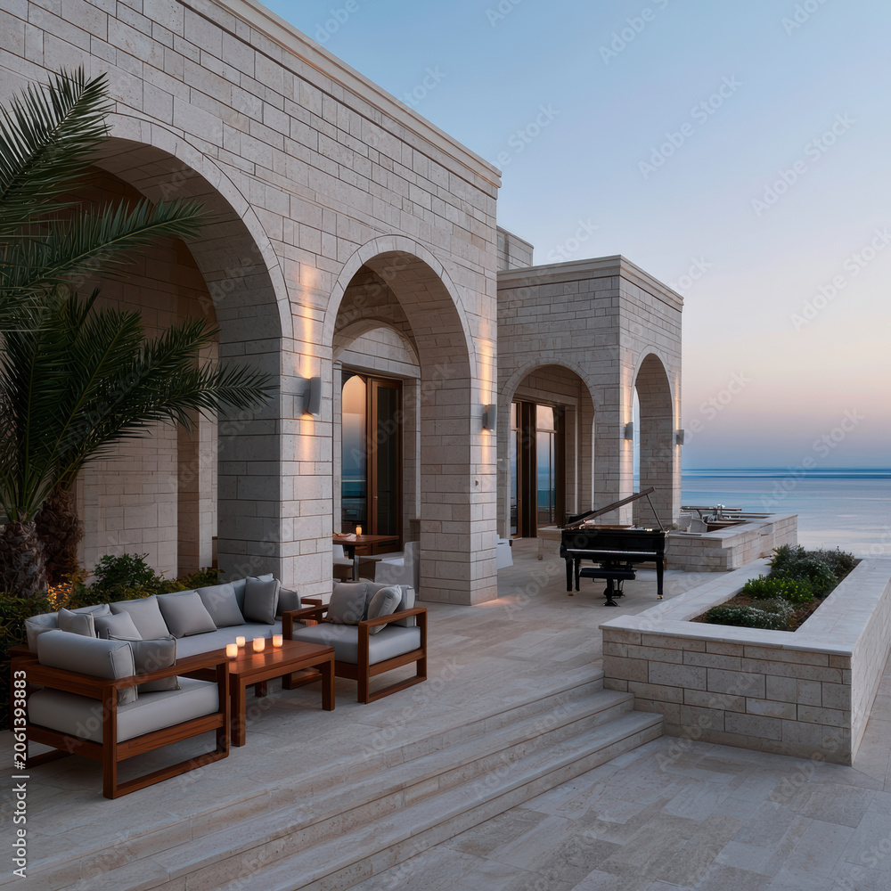 Naklejka premium Elegant travertine stone villa with arched columns, outdoor seating, palm tree, and grand piano overlooking ocean at sunset