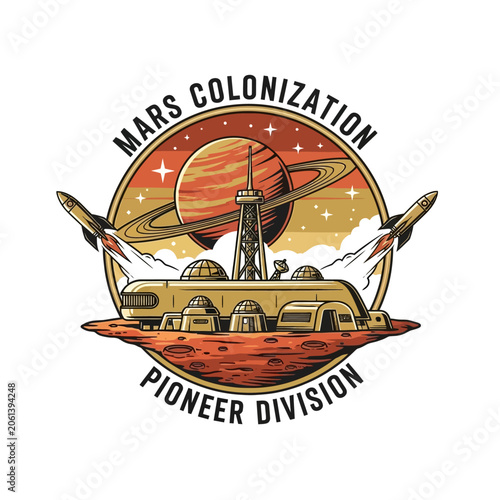 Bild auf Leinwand Retro style Mars colonization pioneer division badge with rockets and space base