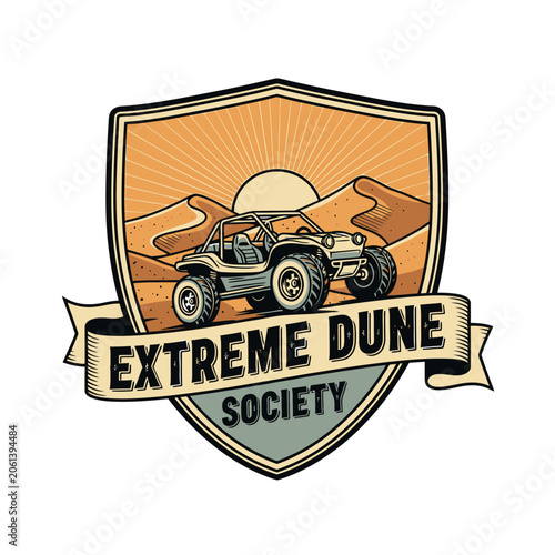 Fotografía Rugged desert off-road badge featuring dune buggy and sand dunes.