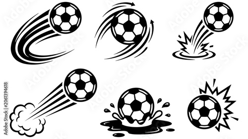 Black and White Soccer Ball Motion Icons Set with Flying, Spinning, Splashing, and Bouncing Effects
