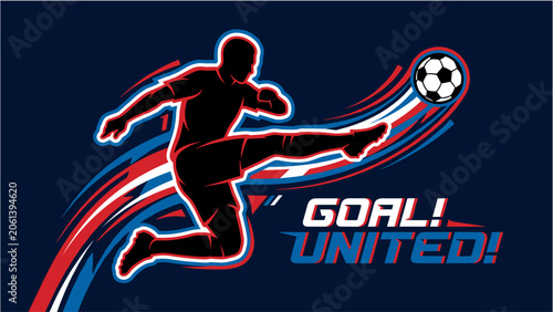 Dynamic Silhouette of a Soccer Player Executing a Powerful Striking Motion with a Flying Ball and Vibrant Motion Streaks Illustrating Sports Energy
