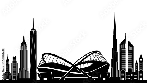 Iconic city skyline silhouette showcasing modern architecture, skyscrapers, and a sports stadium, representing urban development and global landmarks