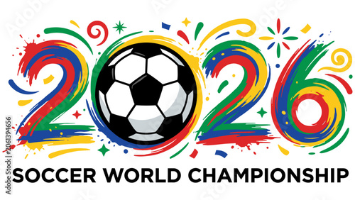 Colorful 2026 soccer world championship artistic typography with football and vibrant paint splashes for global sport tournament celebration