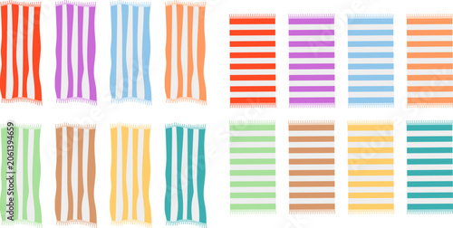 Beach towels vector set with vertical and horizontal stripes patterns on white background.