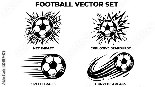 Monochrome soccer ball illustrations featuring dynamic motion effects speed lines explosive bursts and curved trails for sports graphic designs