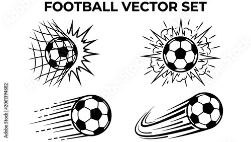 Set of black and white soccer ball vector illustrations showing motion speed explosion and hitting the goal net graphic design elements