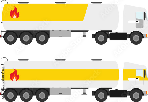 Fuel tanker truck vector set with yellow stripes and fire symbol on white.
