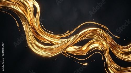 Flowing golden liquid ribbons in motion against dark background abstract texture