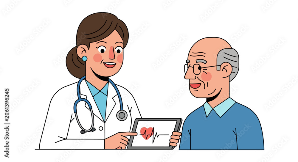 Fototapeta premium A female doctor explains heart health to an elderly male patient using a tablet displaying an ECG waveform.