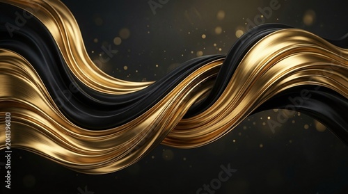 Abstract golden liquid waves flowing in dark reflective background with glossy texture