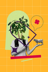 3d photo collage trend sketch template artwork of anonym girl guy instead head plant bush tree hold cow farm animal care veterinary