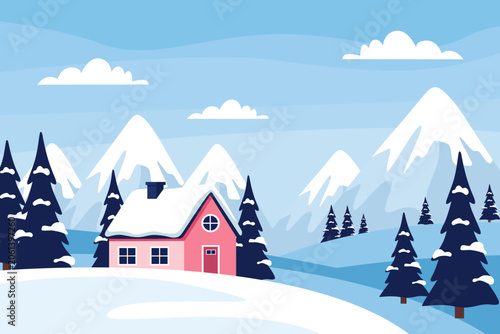 Small pink house nestled in a snowy mountain winter landscape