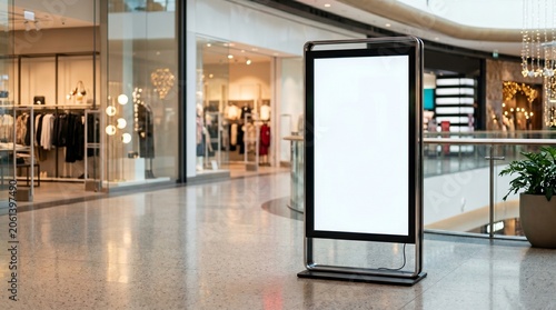 Blank digital signage mockup on stand in modern shopping mall hallway