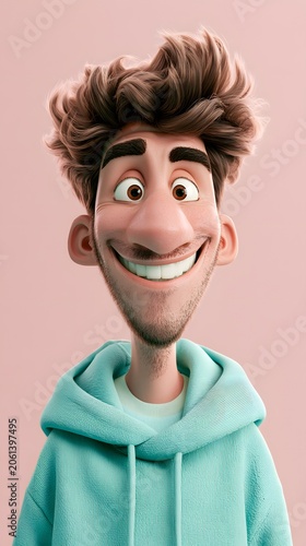 Portrait of a funny man with an exaggerated smile. 3D cartoon style character wearing a blue hoodie. Digital art for animation, advertising, game design, and social media content.