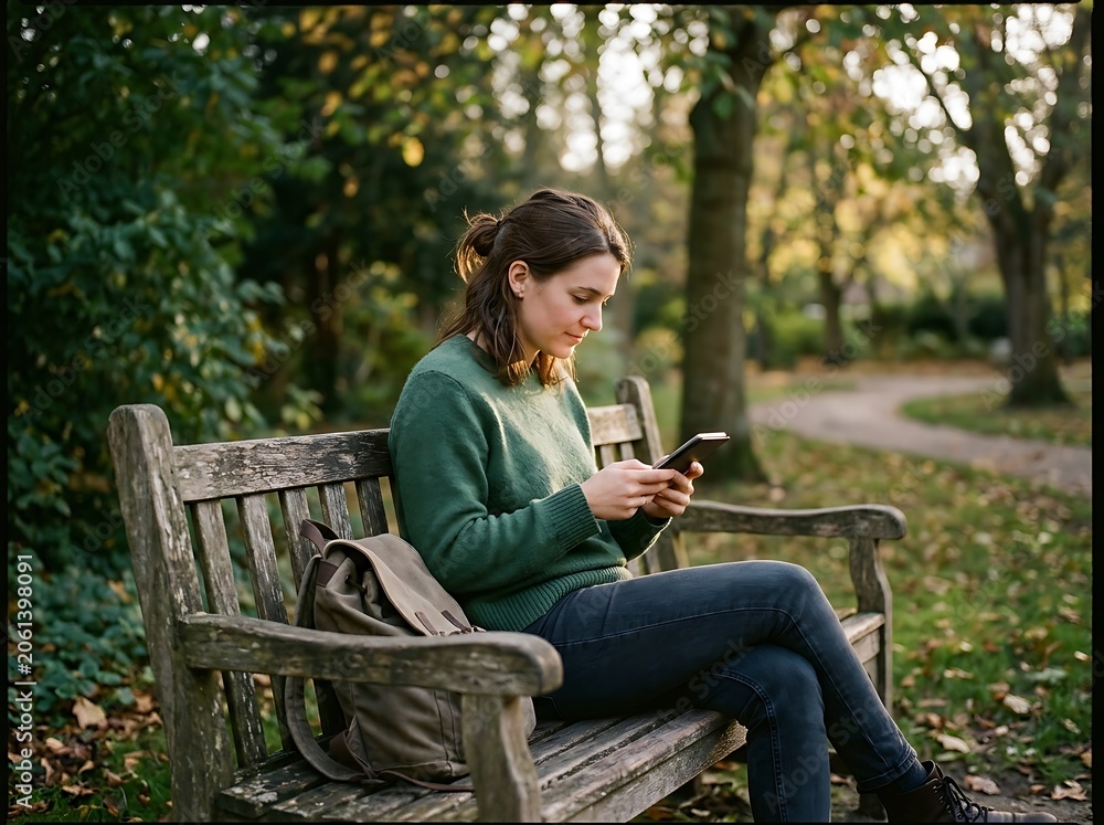 Fototapeta premium Woman sitting on a park bench in autumn, using her smartphone and listening to music through earphones