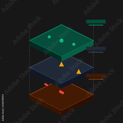 фотографія Isometric diagram showing three distinct stacked colored layers for habitat stratification and geological data visualization