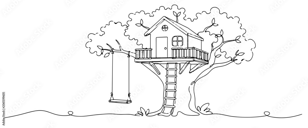Fototapeta premium Charming treehouse surrounded by branches and a hanging swing, evoking childhood adventure, imagination, and outdoor play.