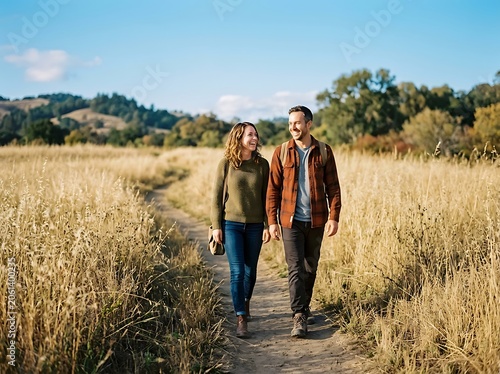 Couple enjoying a leisurely walk along a path surrounded by golden fields under a clear blue sky
