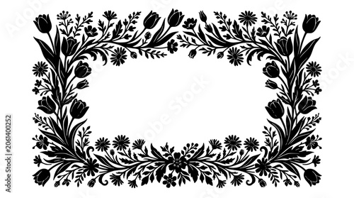 Black floral frame silhouette with tulips and daisies decorative border