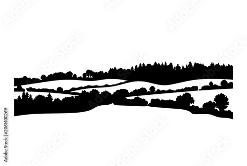 Black and white silhouette of a rolling hill landscape with forests and trees