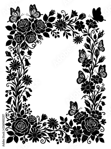 Elegant Floral Frame Silhouette with Roses and Butterflies
