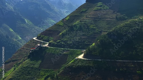 The winding road of Ma Pi Leng Pass in Vietnam. A Part of a Famous Ha Giang Loop. Beautiful destinations Asia. Aerial.