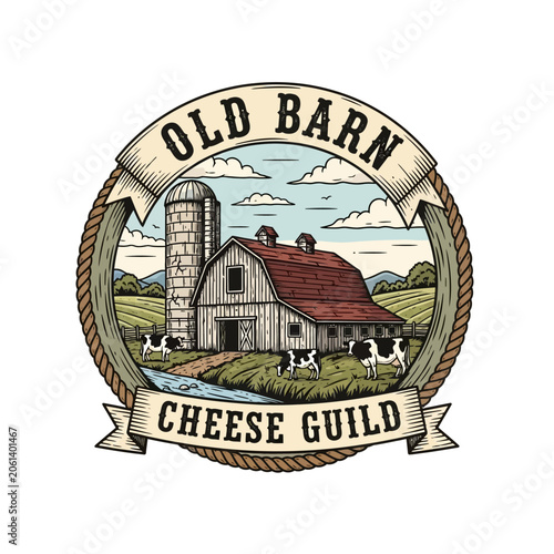 Canvas Print Rustic farm landscape badge for artisan cheese guild or dairy producer