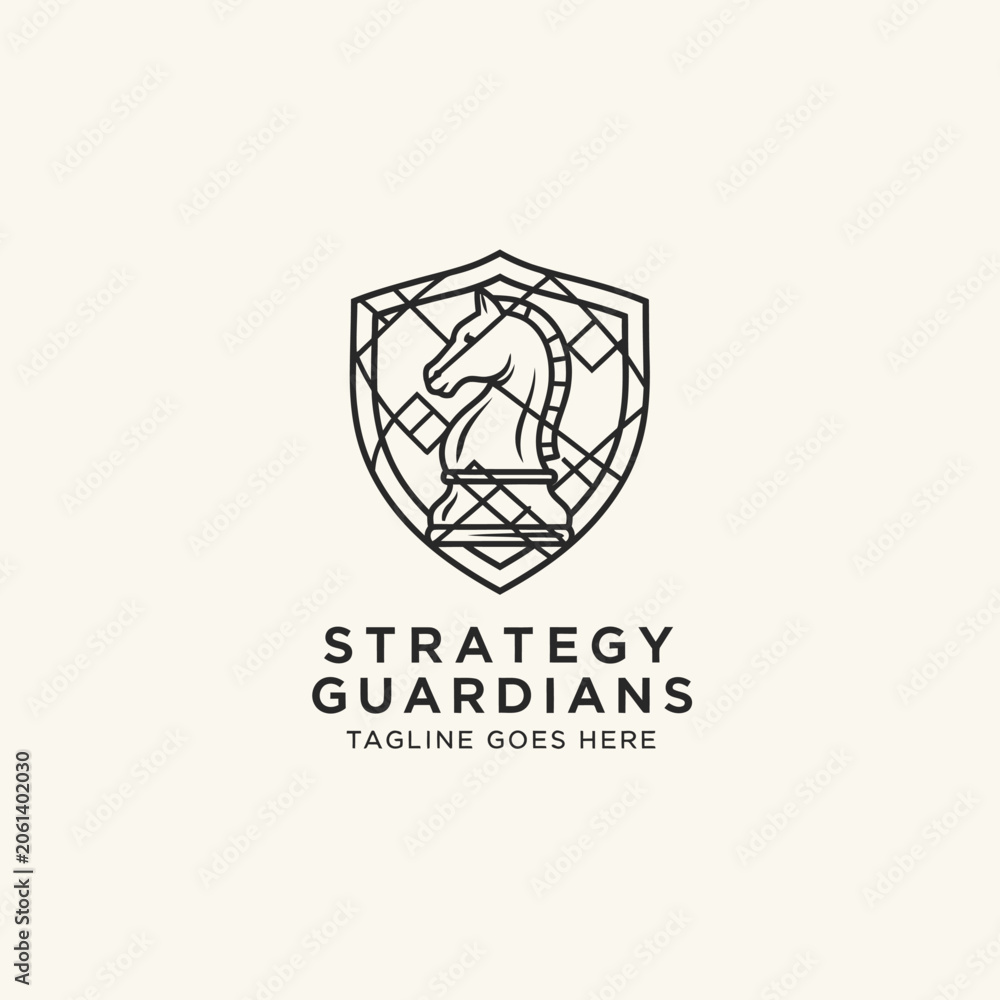 Fototapeta premium Strategy guardians chess knight logo within a geometric line shield.