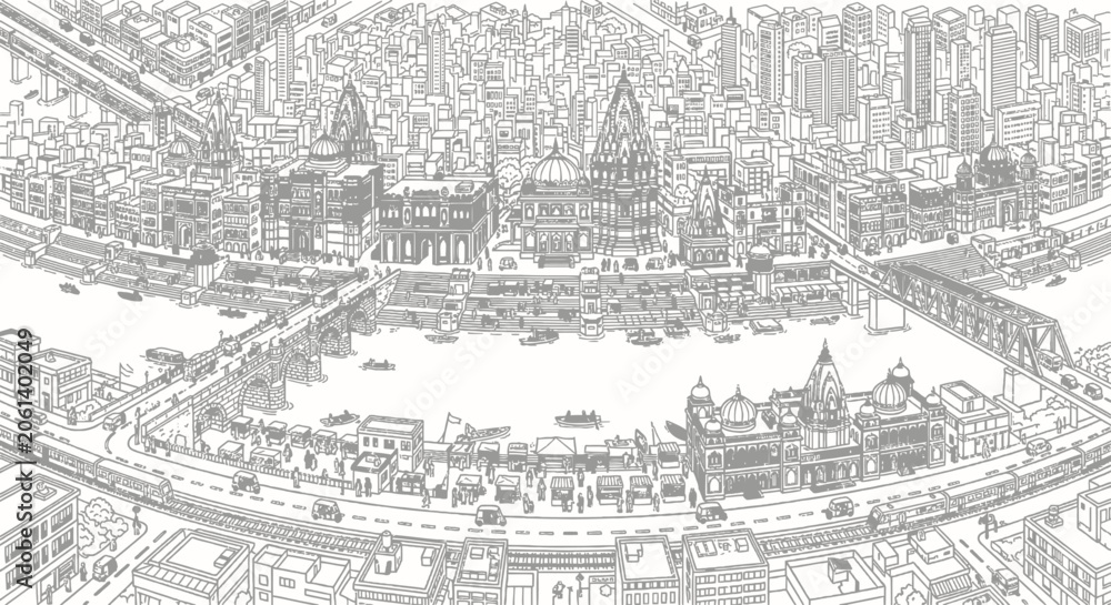Obraz premium Detailed Indian Urban Landscape Line Drawing