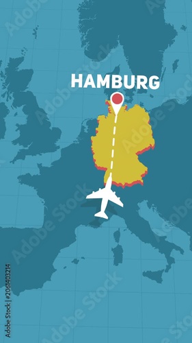 airplane journey to Hamburg in Germany over map of Europe motion graphics animation vertical social media