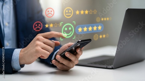 Digital customer feedback and service evaluation concept showing interactive 5-star rating, user sentiment analysis, and satisfaction level tracking. Ideal for CRM applications, consumer review platfo