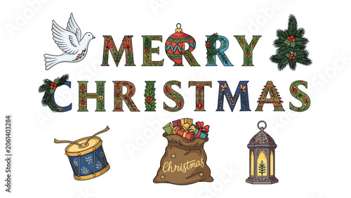 Fotografie Merry Christmas Greeting: Festive hand-drawn elements including a dove, Christmas tree, ornament, holly, drum, gift bag, and lantern accompany the greeting Merry Christmas