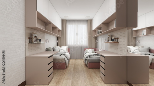Bild auf Leinwand Modern minimalist bedroom with twin upholstered beds, two study desks, glossy wh