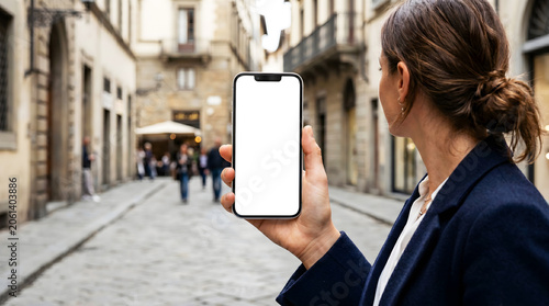 Hand holding mobile smartphone blank white screen mockup, woman with brunette bun glancing sideways, blurred narrow medieval cobbled alleyway and old city facades background.
