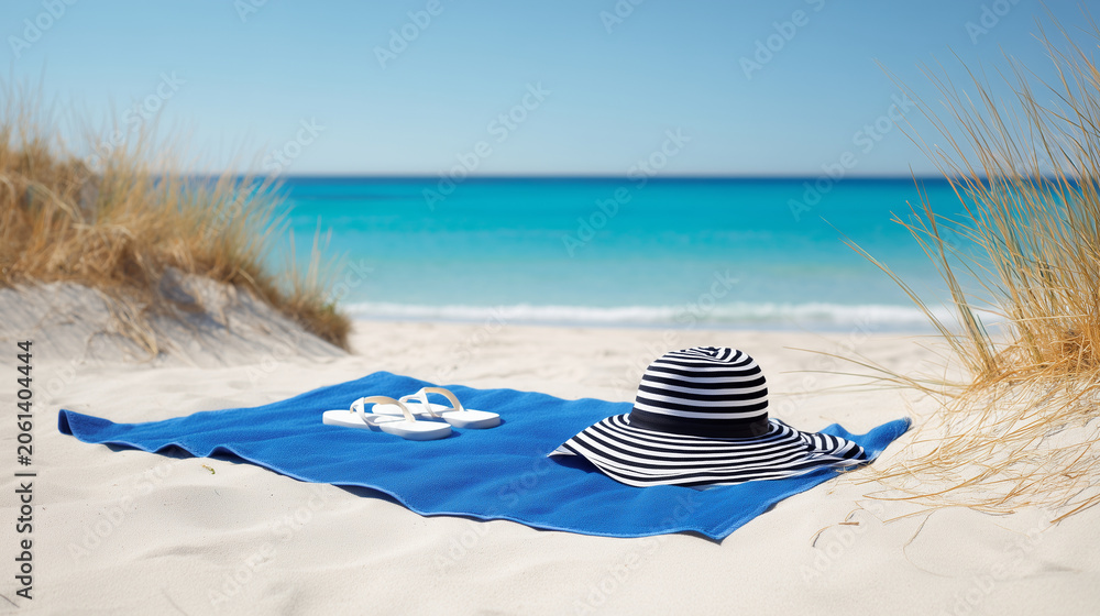 Obraz premium Blue Beach Towel with Sun Hat and Flip Flops on Sandy Coast, Peaceful Summer Vacation Background, Empty Seaside Relaxation Scene with Ocean View and Copy Space beach towel, sun hat