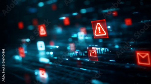 Cybersecurity phishing warning icons floating over dark digital network, realistic high-tech security background with glowing red alert symbols, blue data lights, shallow depth, on