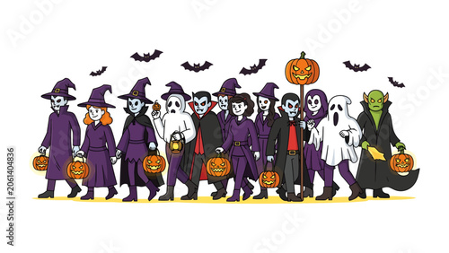 Fotografie Halloween Trick-or-Treaters: A playful procession of children dressed as classic Halloween monsters like witches, vampires, and ghosts carry jack-o'-lanterns and candy buckets