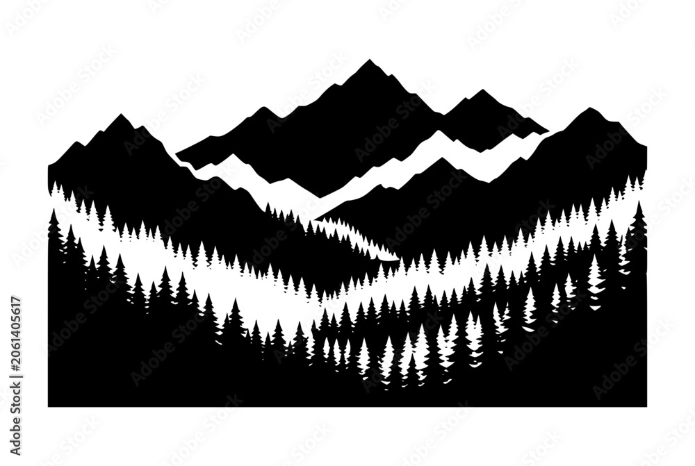Fototapeta premium Black and White Mountain Landscape Silhouette with Pine Forest
