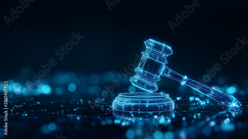 Futuristic digital justice gavel on blue cyber network, realistic legal technology background with glowing data particles, cybersecurity law, online court, blockchain compliance, p