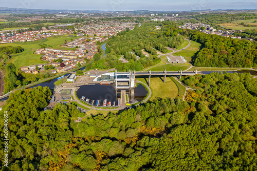 Vue aérienne du Wheel of Falkirk et du canal de Falkirk, Écosse